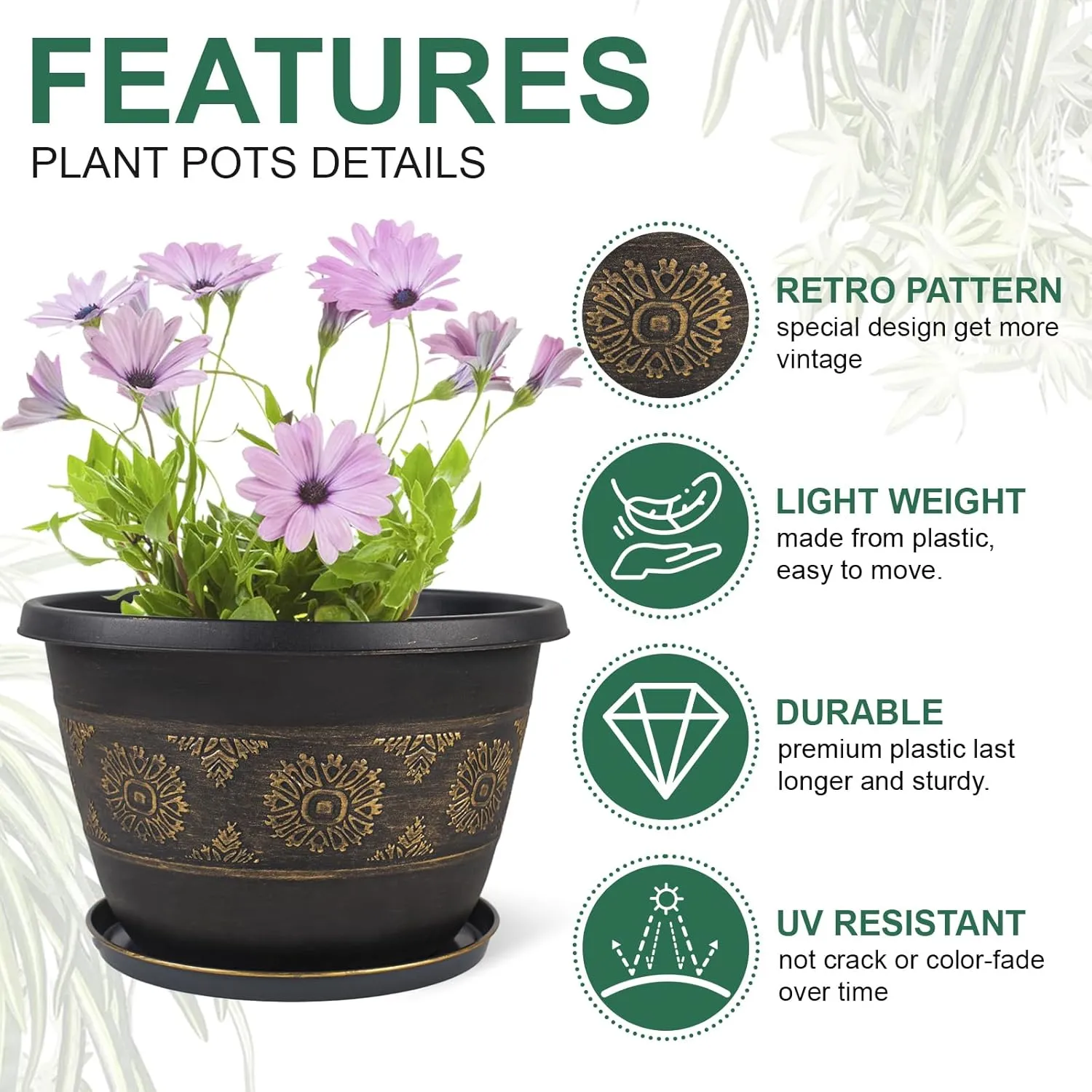 4 Pack 10 inch Plant Pots, Retro Pattern Planters with Drainage Holes and Saucer, Sturdy Plastic Garden Flower Pots for Indoor & Outdoor Plants