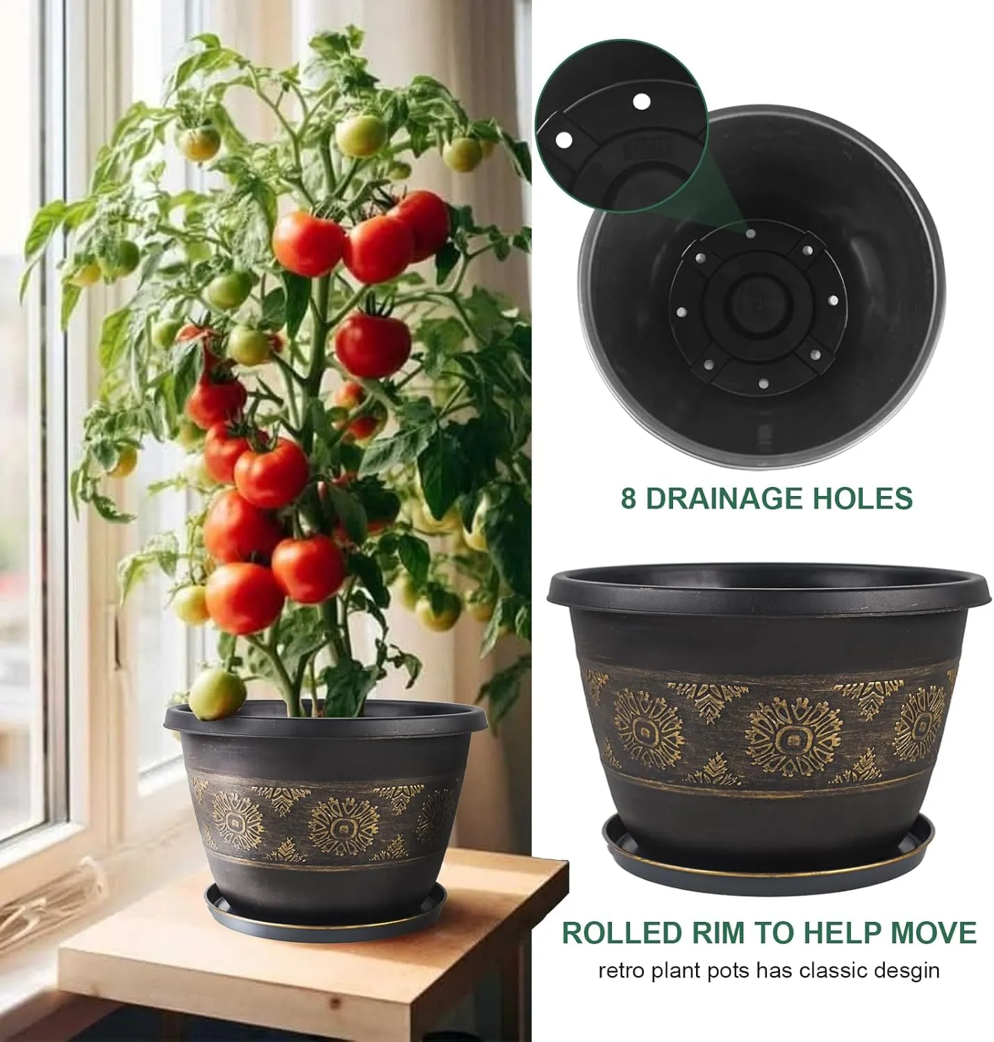 4 Pack 10 inch Plant Pots, Retro Pattern Planters with Drainage Holes and Saucer, Sturdy Plastic Garden Flower Pots for Indoor & Outdoor Plants
