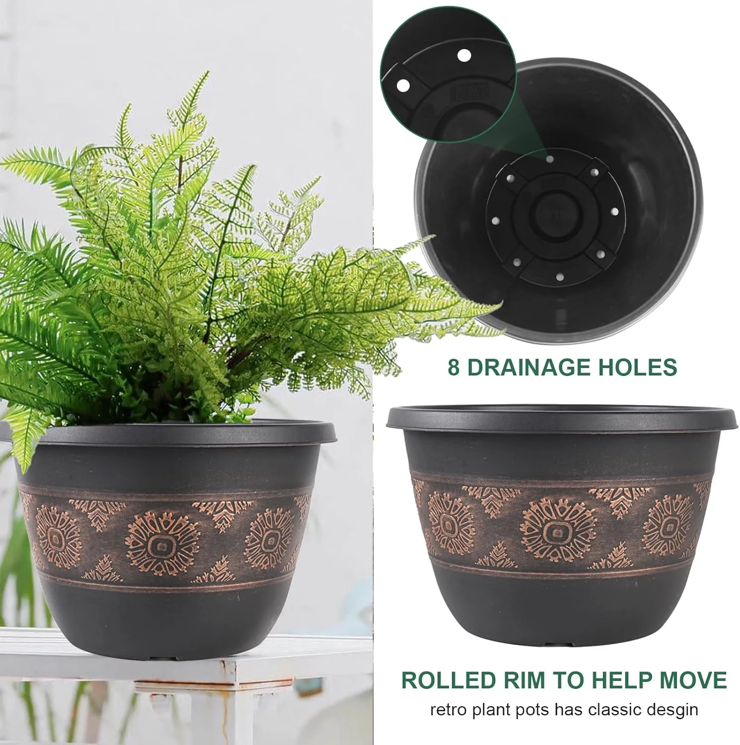 4 Pack 10 inch Plant Pots, Retro Pattern Planters with Drainage Holes and Saucer, Sturdy Plastic Garden Flower Pots for Indoor & Outdoor Plants
