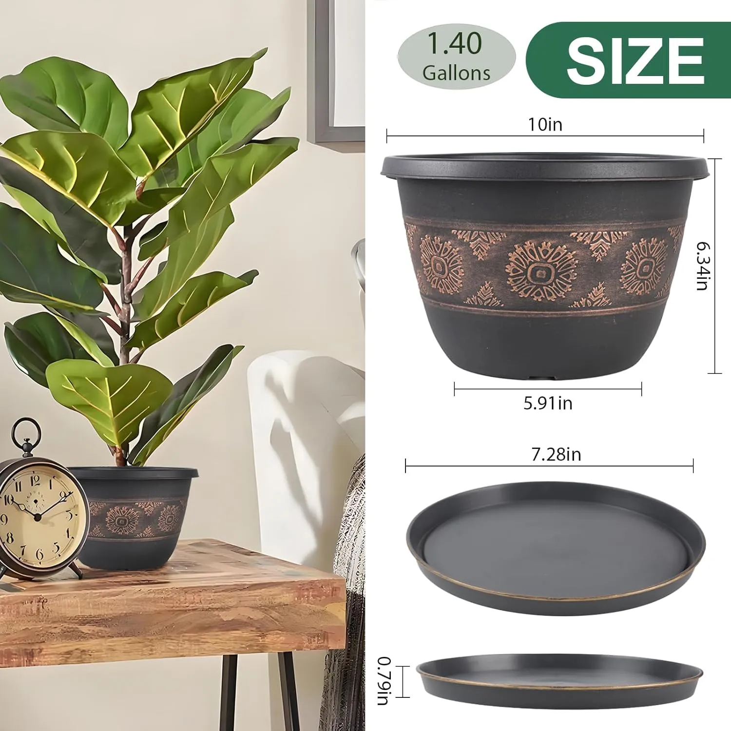 4 Pack 10 inch Plant Pots, Retro Pattern Planters with Drainage Holes and Saucer, Sturdy Plastic Garden Flower Pots for Indoor & Outdoor Plants