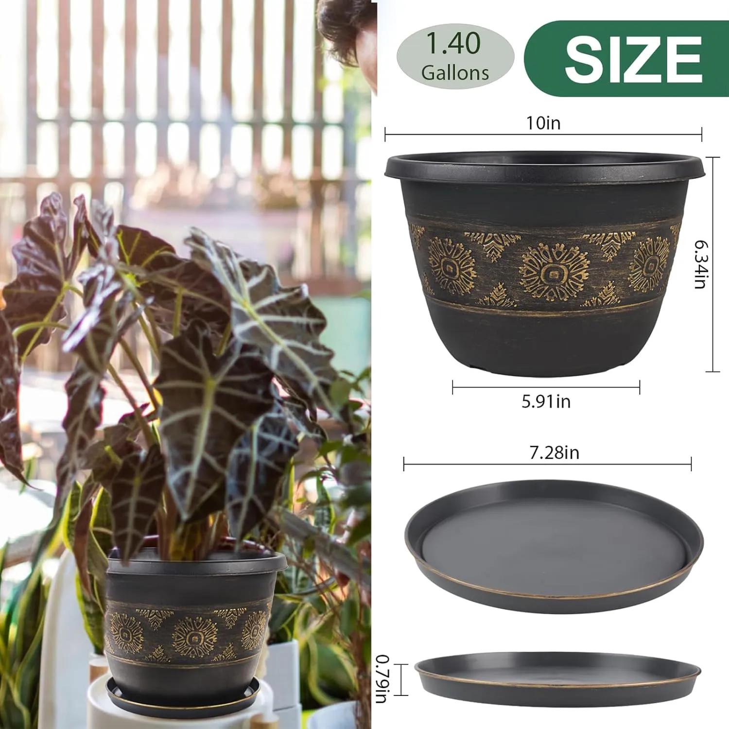4 Pack 10 inch Plant Pots, Retro Pattern Planters with Drainage Holes and Saucer, Sturdy Plastic Garden Flower Pots for Indoor & Outdoor Plants
