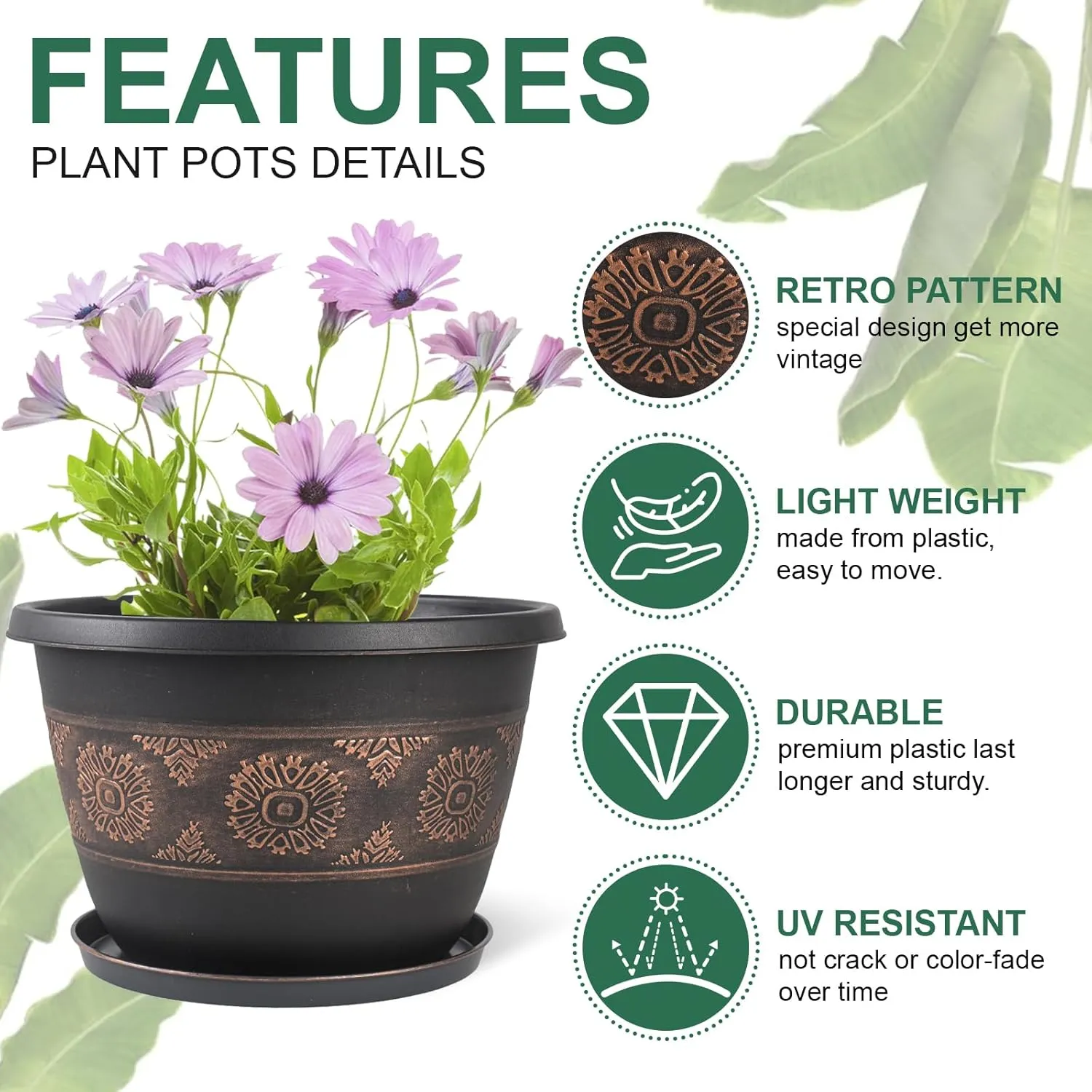 4 Pack 10 inch Plant Pots, Retro Pattern Planters with Drainage Holes and Saucer, Sturdy Plastic Garden Flower Pots for Indoor & Outdoor Plants