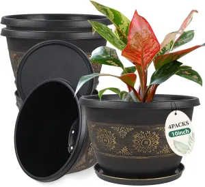 4 Pack 10 inch Plant Pots, Retro Pattern Planters with Drainage Holes and Saucer, Sturdy Plastic Garden Flower Pots for Indoor & Outdoor Plants