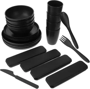 4-pack Black Camping Utensils Set Reusable Fork Spoon Knife Compact Dinnerware for Outdoor Picnic Travel