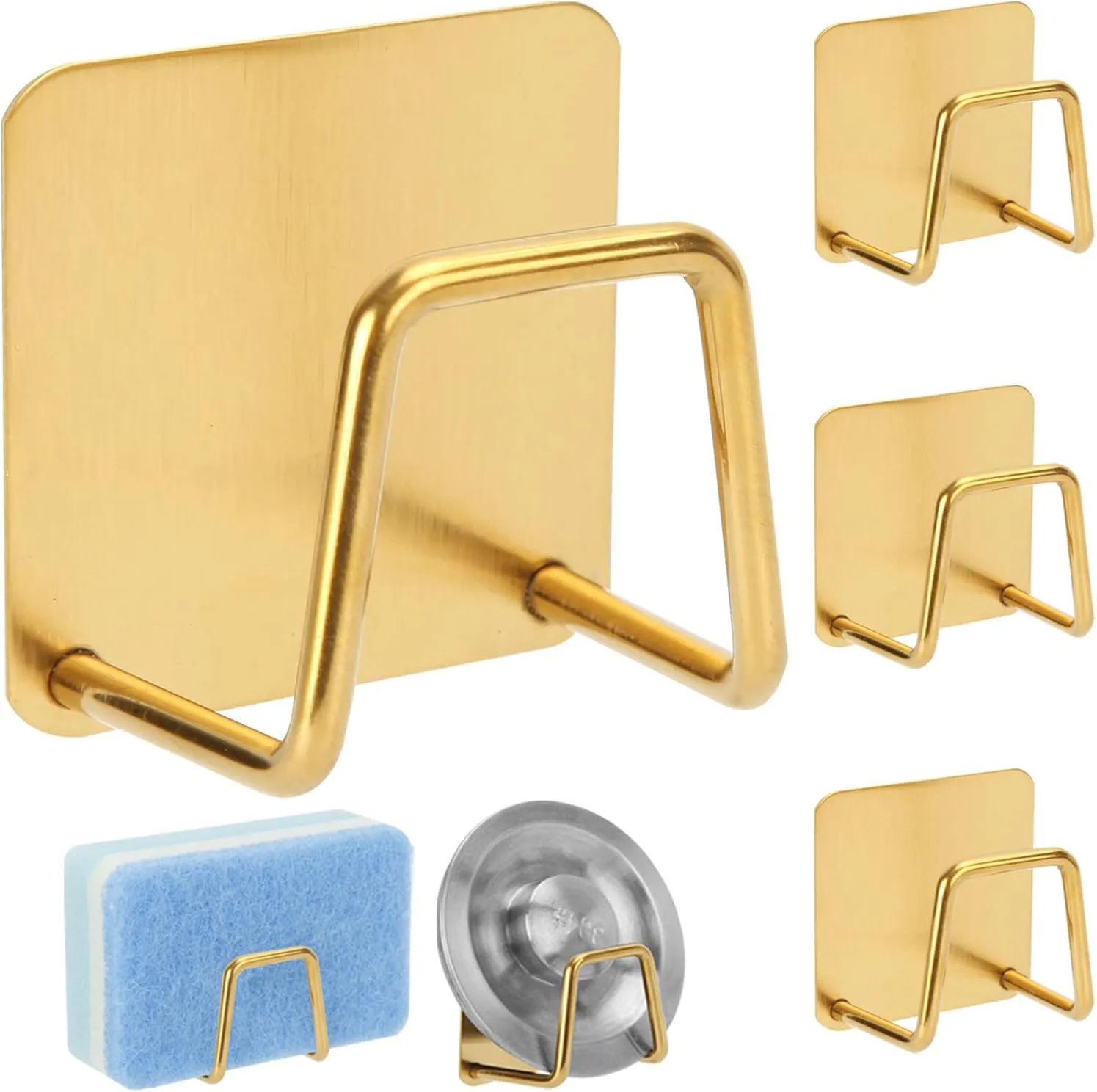 4 Pcs Adhesive Sponge Holder for Kitchen Sink Essentials,No Drilling.Stainless Steel Small Dish Sponge Holder for Sink Counter,Dish Sponge and Brush Organization Holder.Rustproof and Waterproof,Gold
