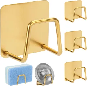 4 Pcs Adhesive Sponge Holder for Kitchen Sink Essentials,No Drilling.Stainless Steel Small Dish Sponge Holder for Sink Counter,Dish Sponge and Brush Organization Holder.Rustproof and Waterproof,Gold