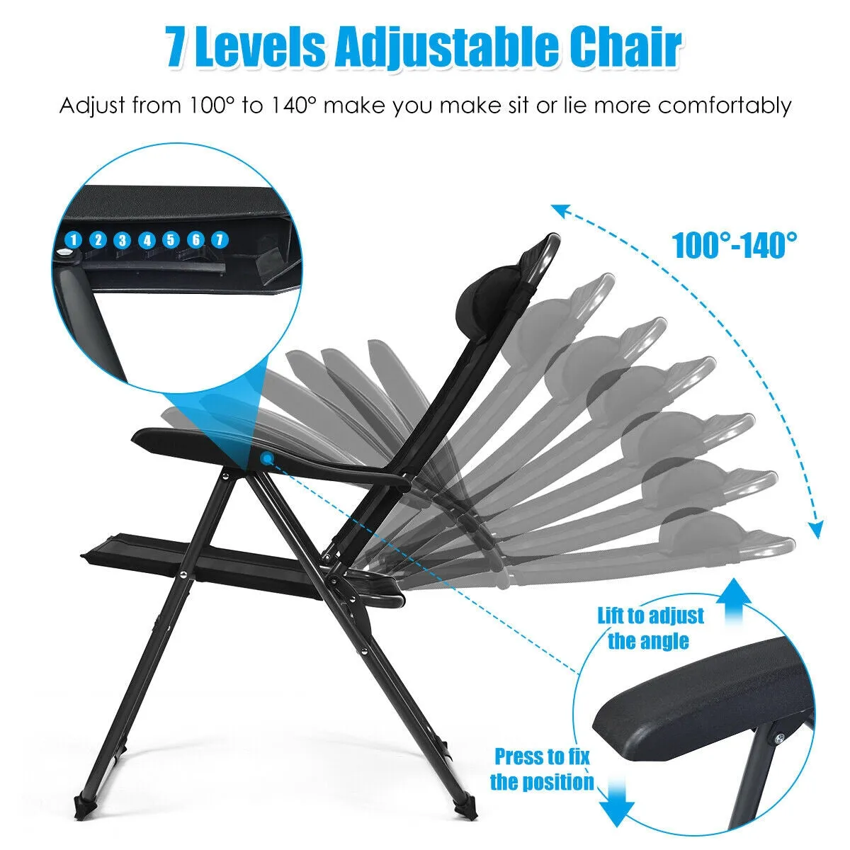 4 Pcs Patio Garden Adjustable Reclining Folding Chairs with Headrest