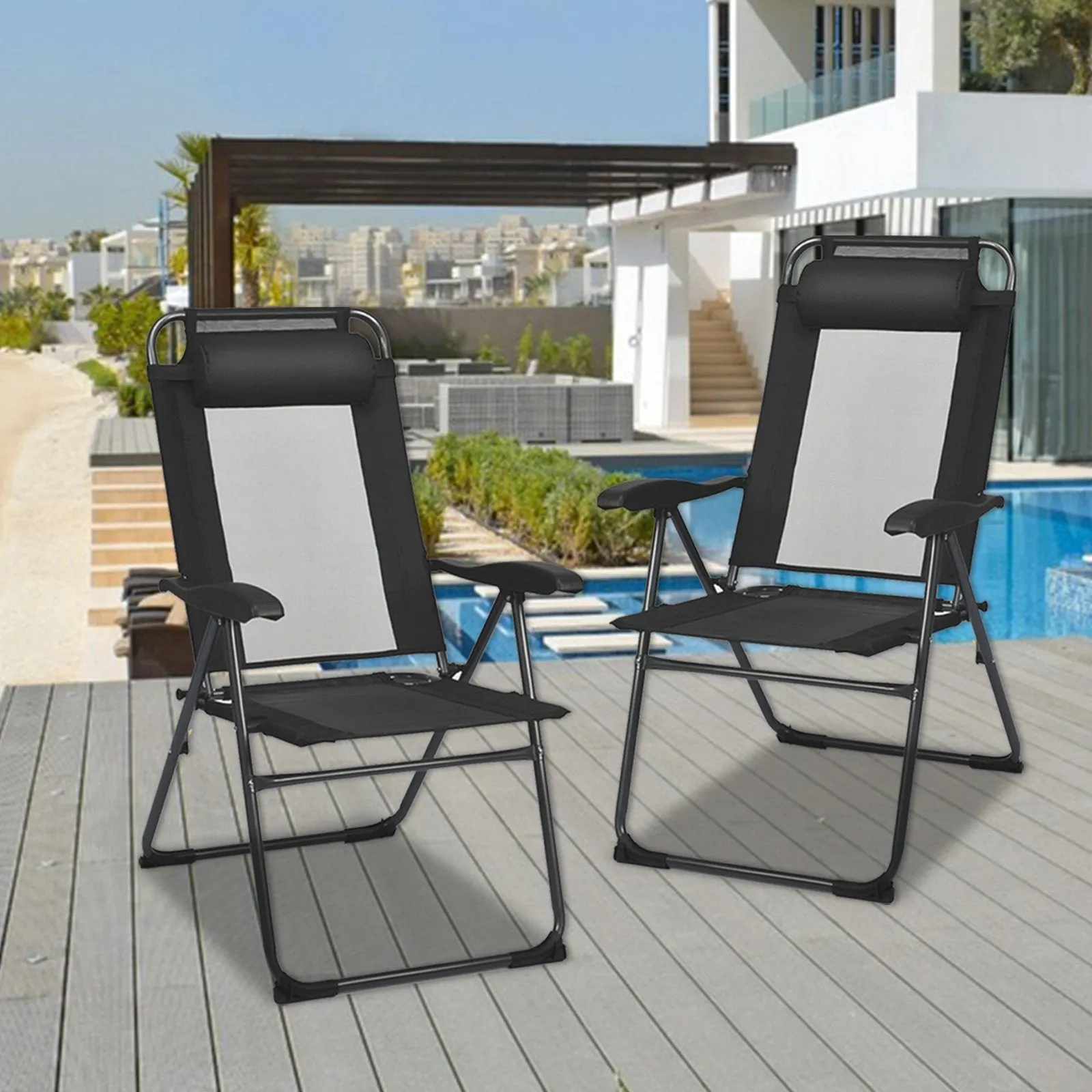 4 Pcs Patio Garden Adjustable Reclining Folding Chairs with Headrest