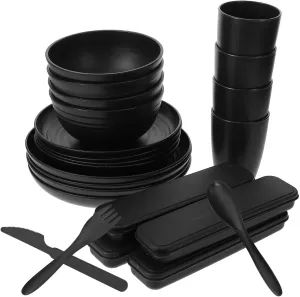 4-piece Camping Cutlery Set Black Utensils Case with Fork Spoon Knife Bowl Compact Travel Spoon Reusable Portable