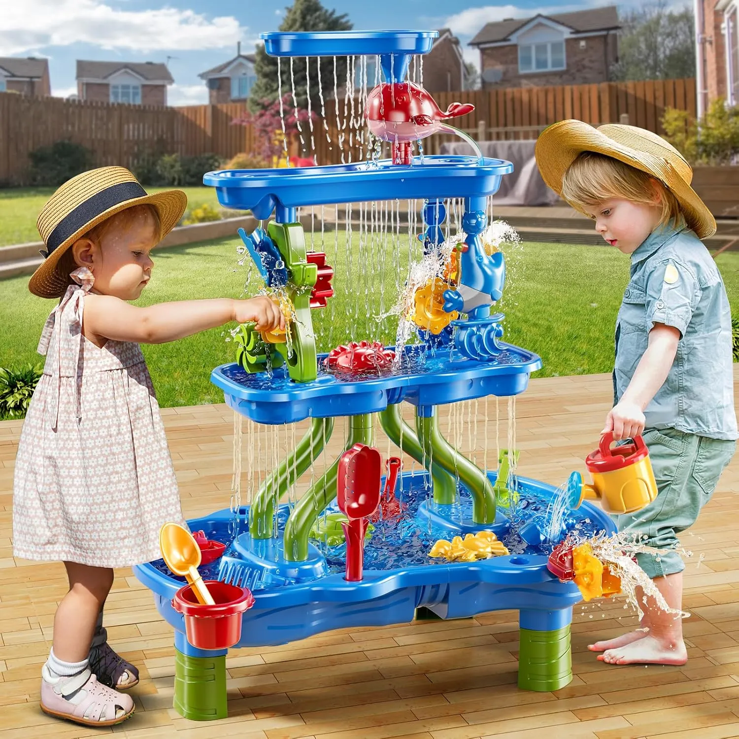 4-Tier Sand and Water Table, 39 Piece Kids Water Table Activity Sensory Outside Toys for Toddlers 3-5, Beach Backyard Outdoor Play Table Gift for Boys Girls, Summer Toys for Kids Ages 4-8