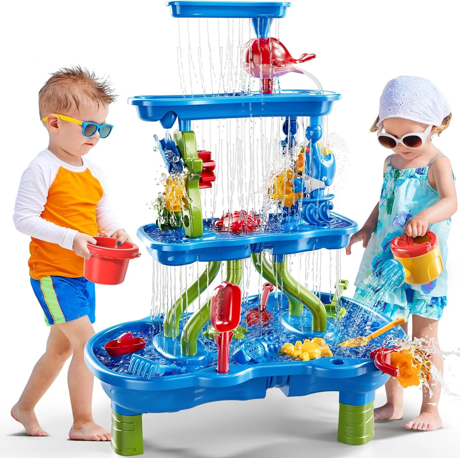 4-Tier Sand and Water Table, 39 Piece Kids Water Table Activity Sensory Outside Toys for Toddlers 3-5, Beach Backyard Outdoor Play Table Gift for Boys Girls, Summer Toys for Kids Ages 4-8