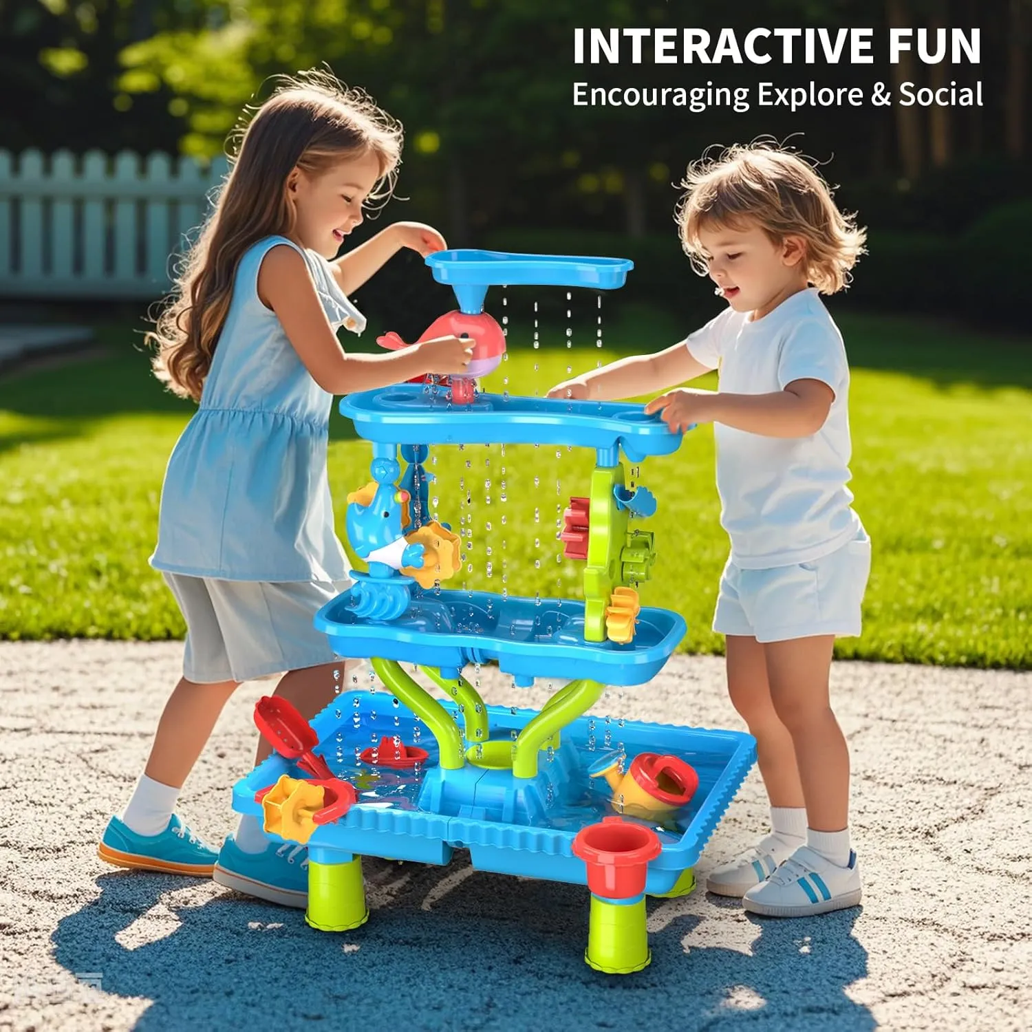 4-Tier Water Table for Toddler 3-5 4-8, Kids Summer Outdoor Beach Water Table Toys, Kids Water and Sand Activity Sensory Table, Rain Shower Splash Pond Toddler Water Play Table for Boys Girls