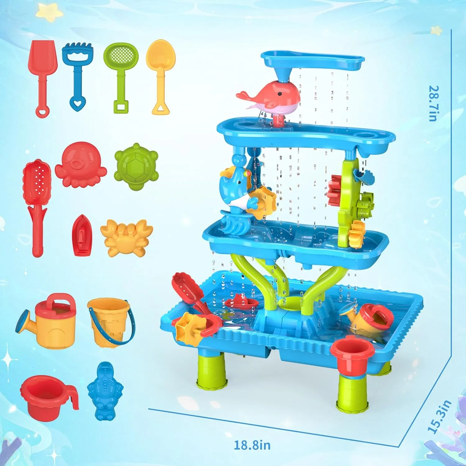 4-Tier Water Table for Toddler 3-5 4-8, Kids Summer Outdoor Beach Water Table Toys, Kids Water and Sand Activity Sensory Table, Rain Shower Splash Pond Toddler Water Play Table for Boys Girls