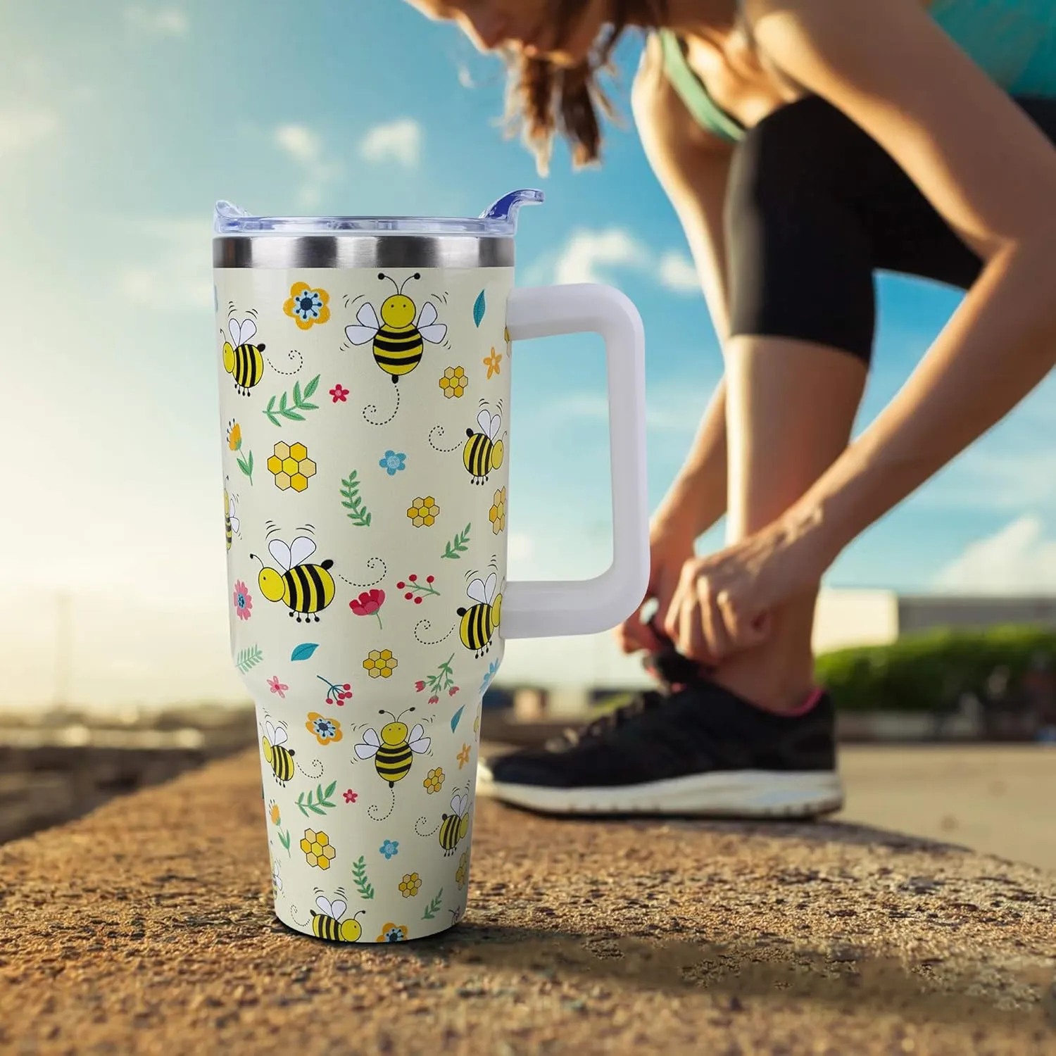 40 oz Bee Tumbler with Handle and Straw, Travel Mug Water Bottle, Stainless Steel Insulated Cup with Lid and Straw, Birthday Christmas Gifts