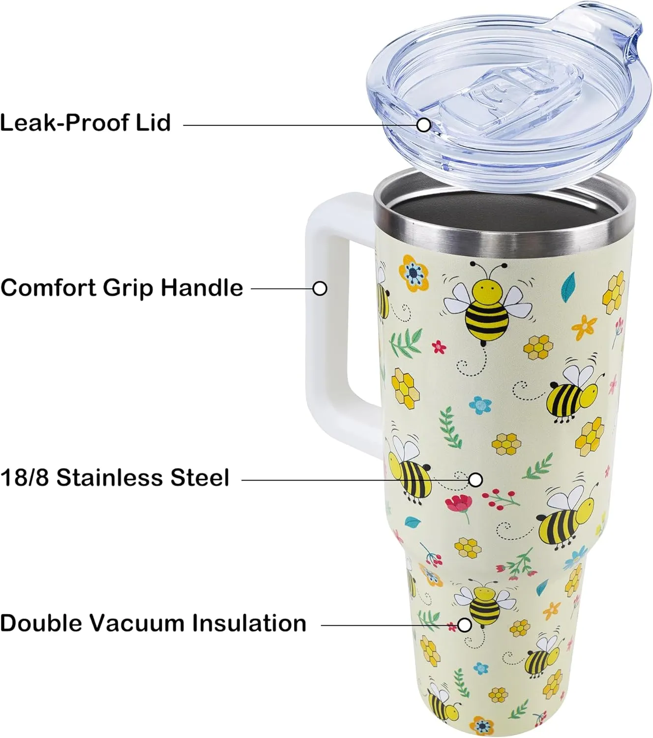 40 oz Bee Tumbler with Handle and Straw, Travel Mug Water Bottle, Stainless Steel Insulated Cup with Lid and Straw, Birthday Christmas Gifts