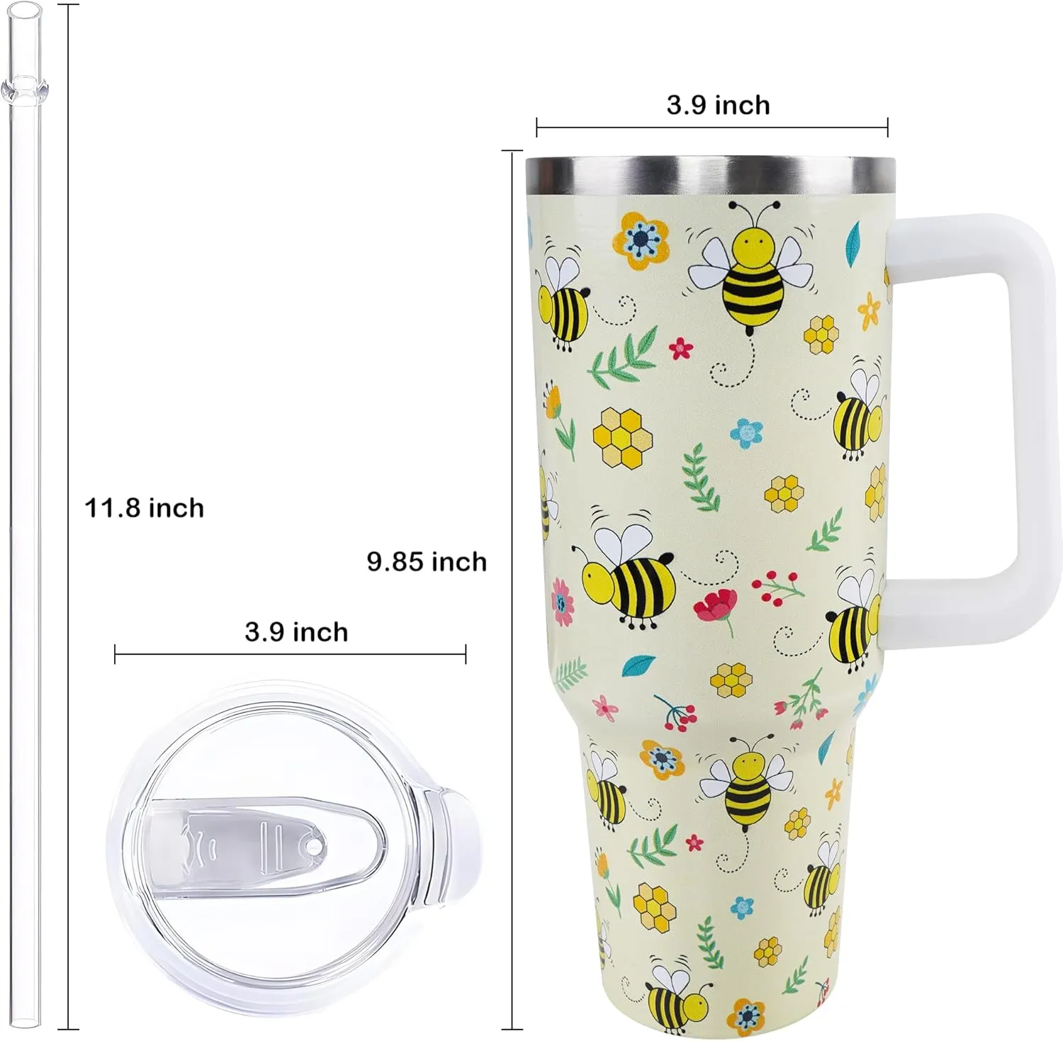 40 oz Bee Tumbler with Handle and Straw, Travel Mug Water Bottle, Stainless Steel Insulated Cup with Lid and Straw, Birthday Christmas Gifts