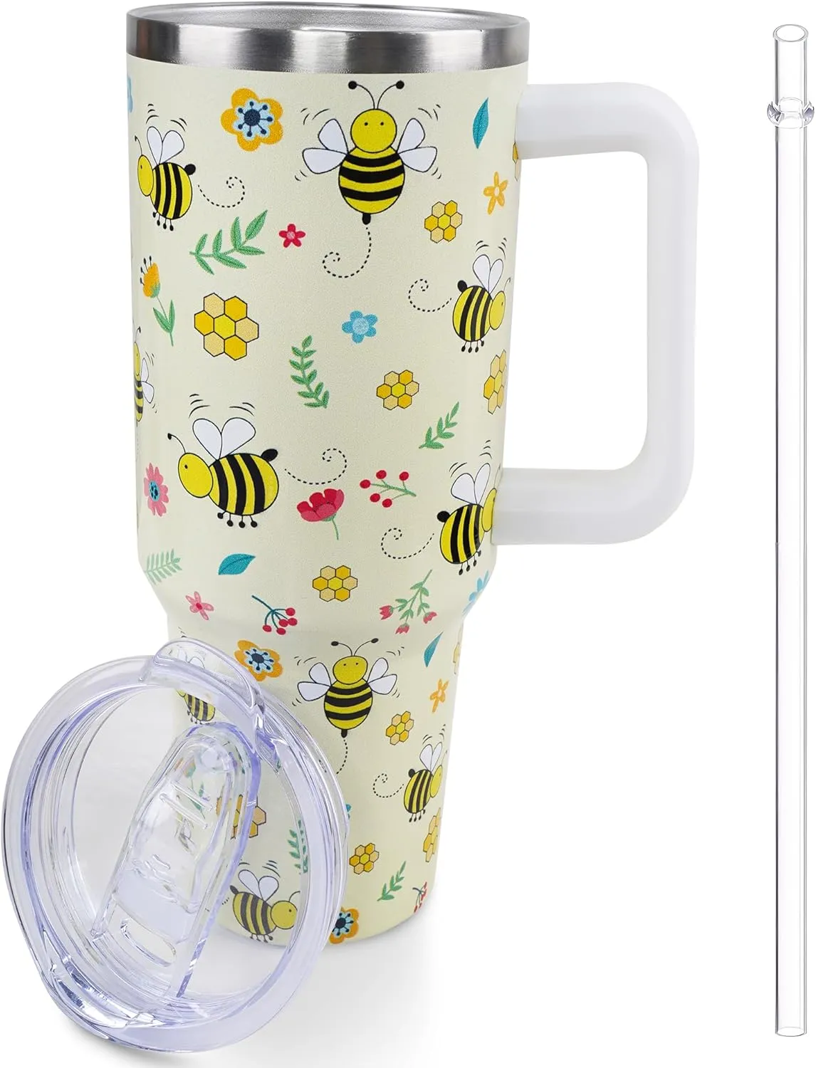 40 oz Bee Tumbler with Handle and Straw, Travel Mug Water Bottle, Stainless Steel Insulated Cup with Lid and Straw, Birthday Christmas Gifts