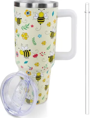 40 oz Bee Tumbler with Handle and Straw, Travel Mug Water Bottle, Stainless Steel Insulated Cup with Lid and Straw, Birthday Christmas Gifts