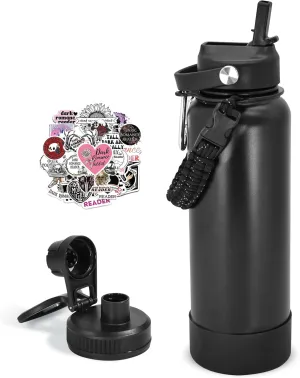 40 oz Insulated Water Bottle with Straw, Stainless Steel Vacuum Water Bottle Thermo Metal Sports Hydro Cup Flask with Spout Lids & DIY Stickers, Cold 48H Hot 24H for Hiking Sport Black