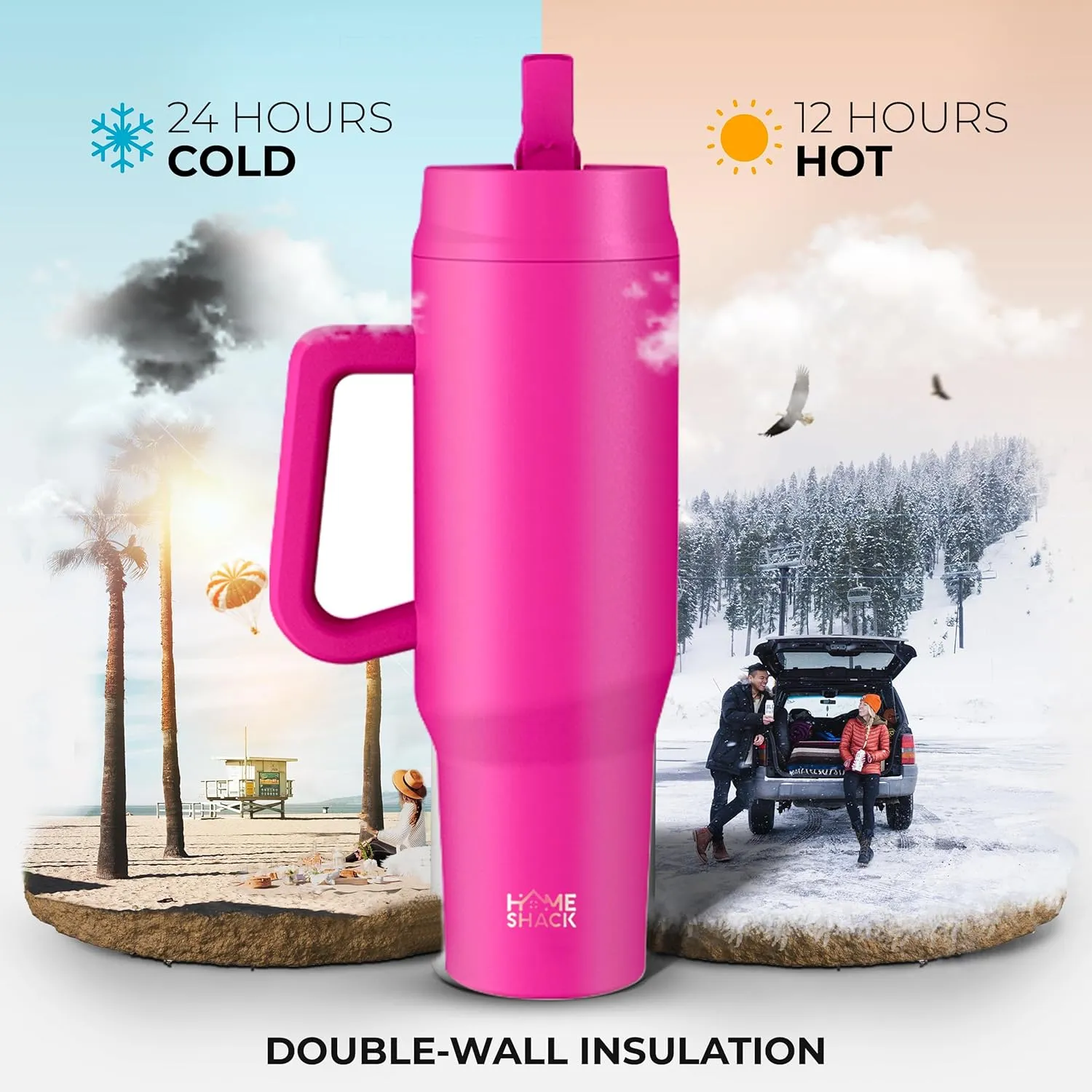 40 oz Tumbler with Handle and Foldable Straw Lid - Leakproof Insulated Stainless Steel Water Bottle - Hot & Cold Beverage Travel Mug - Reusable Iced Coffee Cup - Cupholder Friendly - Gift