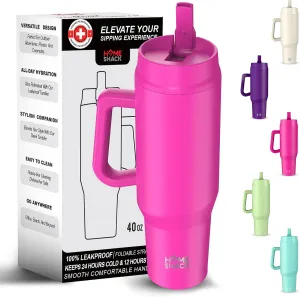 40 oz Tumbler with Handle and Foldable Straw Lid - Leakproof Insulated Stainless Steel Water Bottle - Hot & Cold Beverage Travel Mug - Reusable Iced Coffee Cup - Cupholder Friendly - Gift