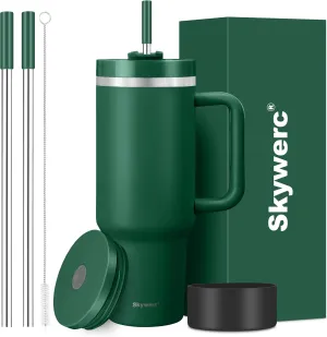 40 oz Tumbler with Handle and Straw, 2 Lids (2 in 1 & LeakProof Lid) - Vacuum Insulated Stainless Steel Double Wall Water Bottle Travel Coffee Mug - Holiday Gifts for Women Men - Dark green