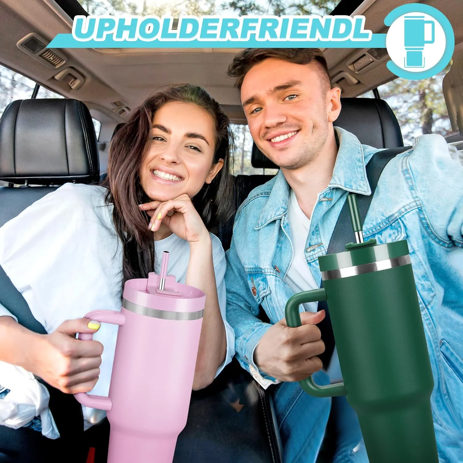 40 oz Tumbler with Handle and Straw, 2 Lids (2 in 1 & LeakProof Lid) - Vacuum Insulated Stainless Steel Double Wall Water Bottle Travel Mug - Holiday Gifts for Women Men - Flower