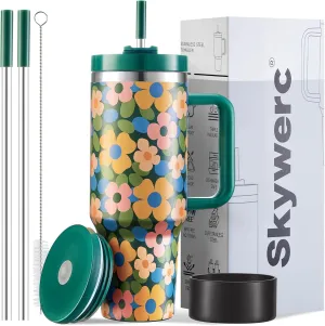 40 oz Tumbler with Handle and Straw, 2 Lids (2 in 1 & LeakProof Lid) - Vacuum Insulated Stainless Steel Double Wall Water Bottle Travel Mug - Holiday Gifts for Women Men - Flower