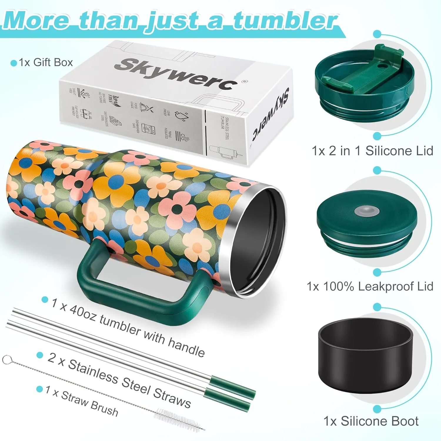 40 oz Tumbler with Handle and Straw, 2 Lids (2 in 1 & LeakProof Lid) - Vacuum Insulated Stainless Steel Double Wall Water Bottle Travel Mug - Holiday Gifts for Women Men - Flower