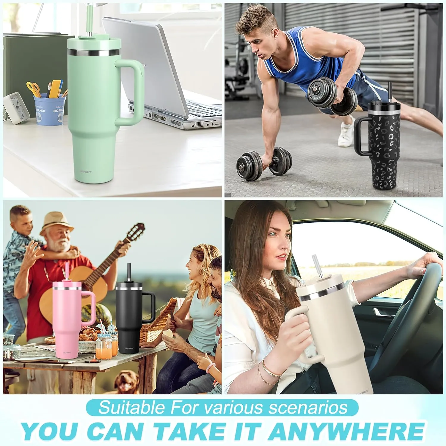 40 oz Tumbler with Handle and Straw, 2 Lids (2 in 1 & LeakProof Lid) - Vacuum Insulated Stainless Steel Double Wall Water Bottle Travel Mug - Holiday Gifts for Women Men - Flower