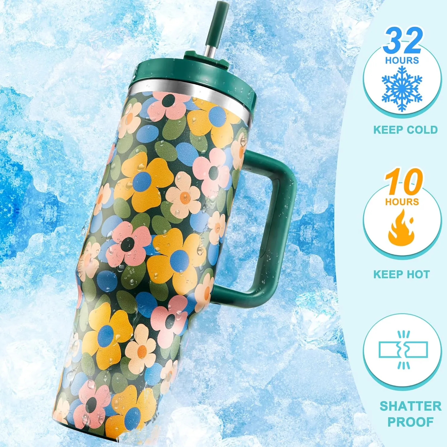 40 oz Tumbler with Handle and Straw, 2 Lids (2 in 1 & LeakProof Lid) - Vacuum Insulated Stainless Steel Double Wall Water Bottle Travel Mug - Holiday Gifts for Women Men - Flower