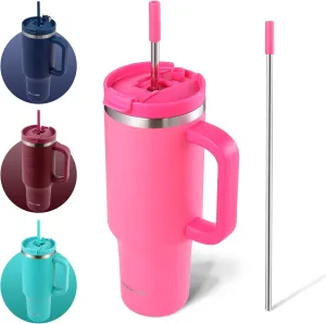 40 Oz Tumbler with Handle and Straw Insulated Cup that Fits in Cup Holder for Hot & Cold Drinks Leak Proof Tumbler with Straw Stainless Steel Travel Mug for Men & Women - Hot Pink
