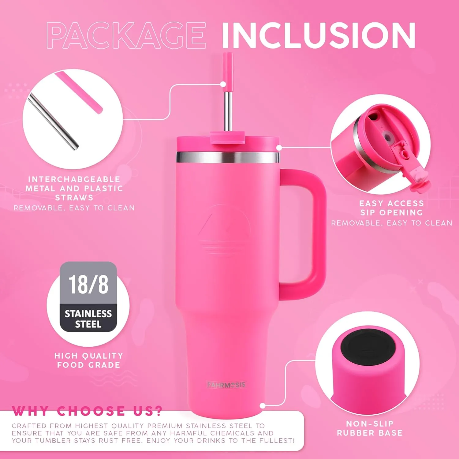 40 Oz Tumbler with Handle and Straw Insulated Cup that Fits in Cup Holder for Hot & Cold Drinks Leak Proof Tumbler with Straw Stainless Steel Travel Mug for Men & Women - Hot Pink