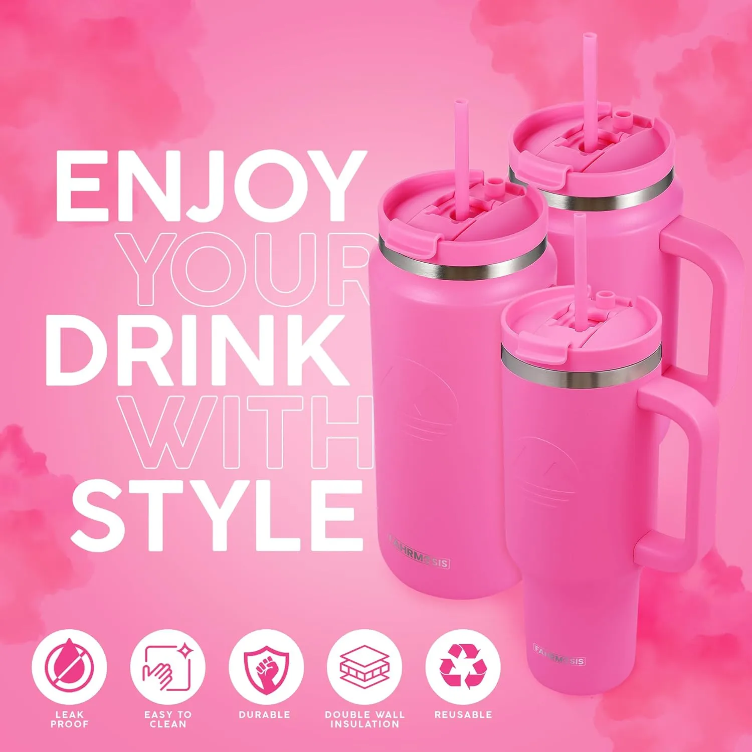 40 Oz Tumbler with Handle and Straw Insulated Cup that Fits in Cup Holder for Hot & Cold Drinks Leak Proof Tumbler with Straw Stainless Steel Travel Mug for Men & Women - Hot Pink