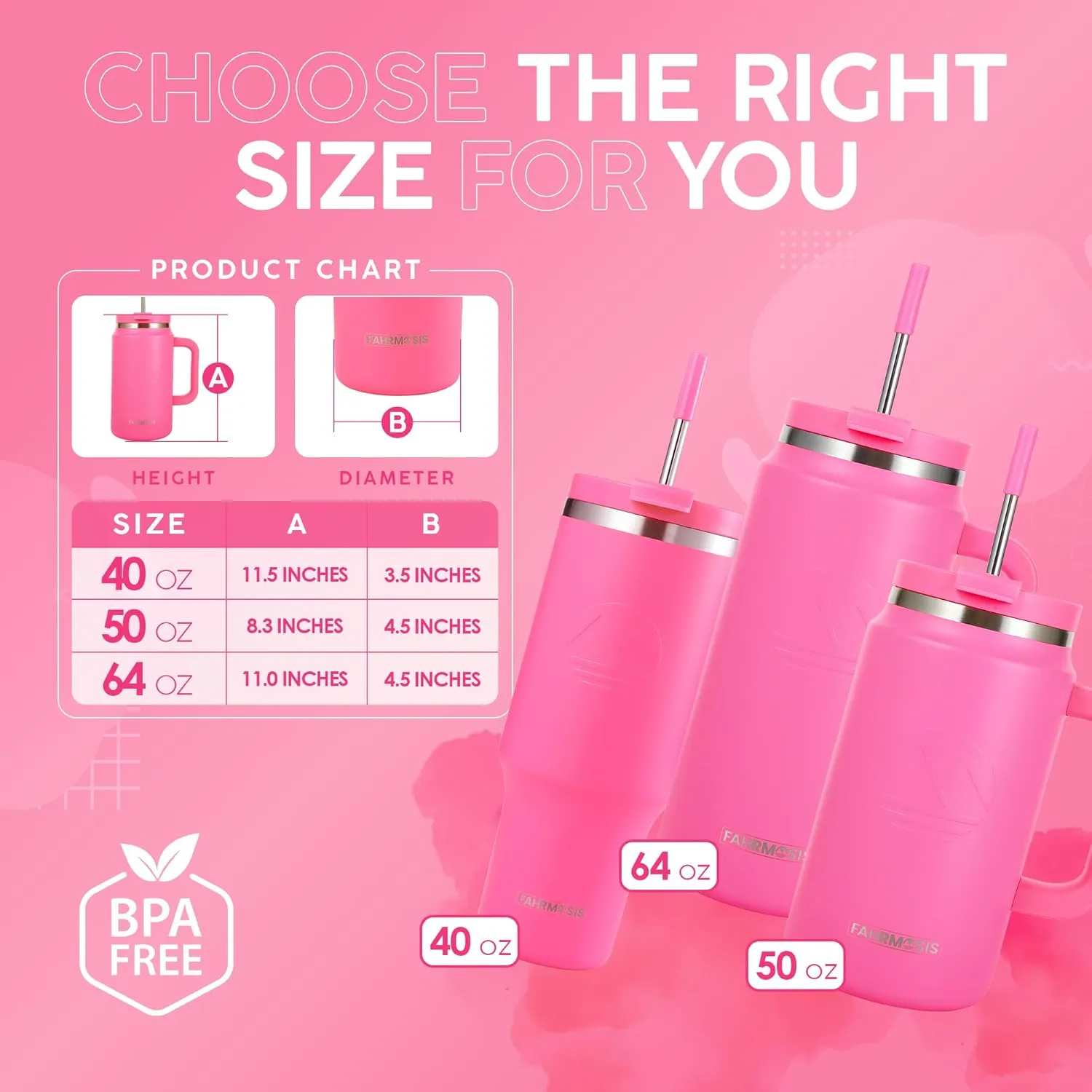 40 Oz Tumbler with Handle and Straw Insulated Cup that Fits in Cup Holder for Hot & Cold Drinks Leak Proof Tumbler with Straw Stainless Steel Travel Mug for Men & Women - Hot Pink