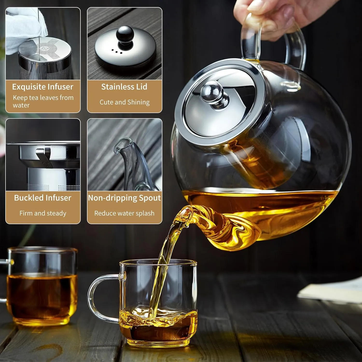 40OZ (1200ML) Glass Teapot with Infuser Stovetop Safe, Heat-Resistant Borosilicate Tea Pot with Infusers for Loose Tea, Microwave & Dishwasher Safe