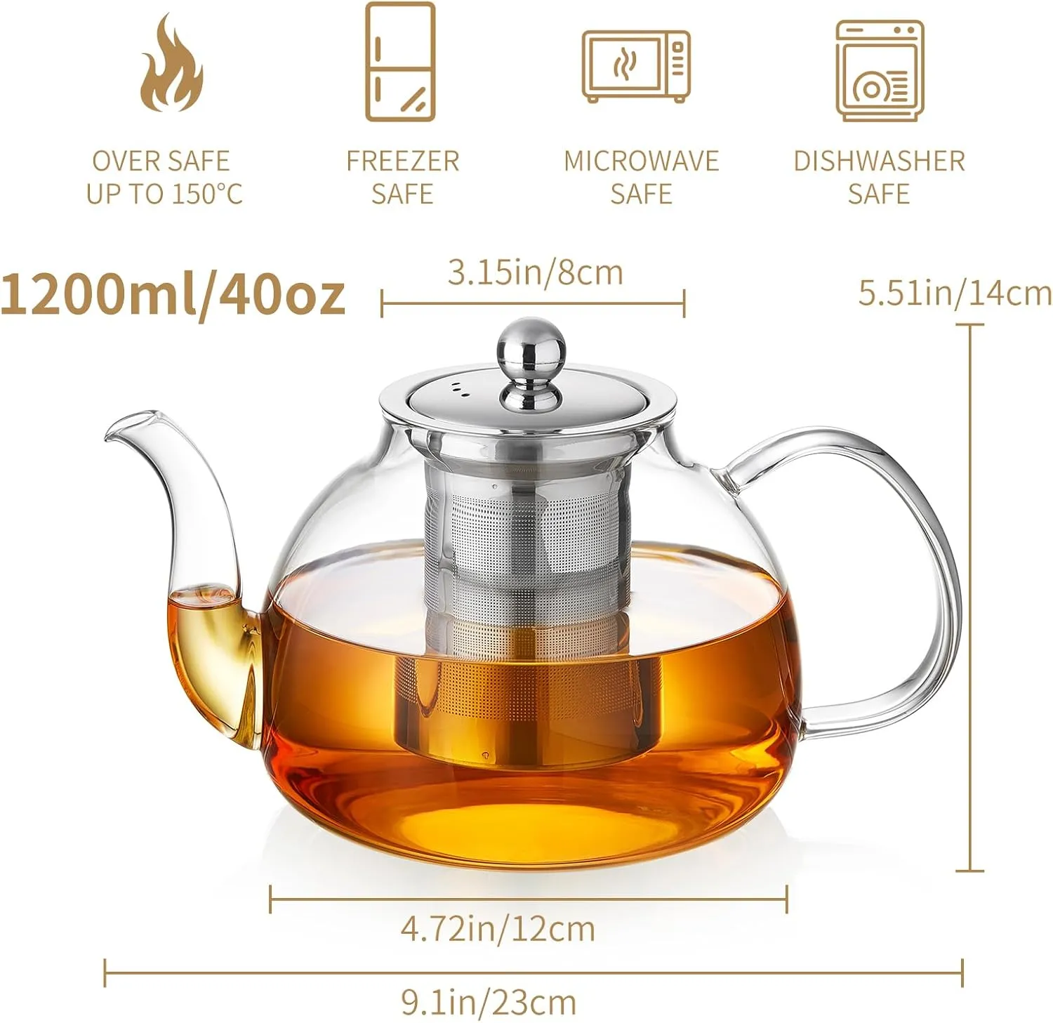 40OZ (1200ML) Glass Teapot with Infuser Stovetop Safe, Heat-Resistant Borosilicate Tea Pot with Infusers for Loose Tea, Microwave & Dishwasher Safe