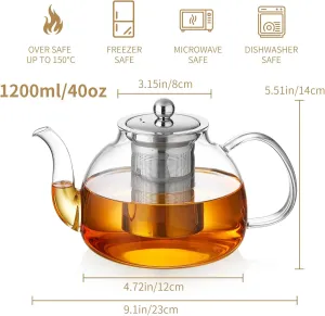 40OZ (1200ML) Glass Teapot with Infuser Stovetop Safe, Heat-Resistant Borosilicate Tea Pot with Infusers for Loose Tea, Microwave & Dishwasher Safe
