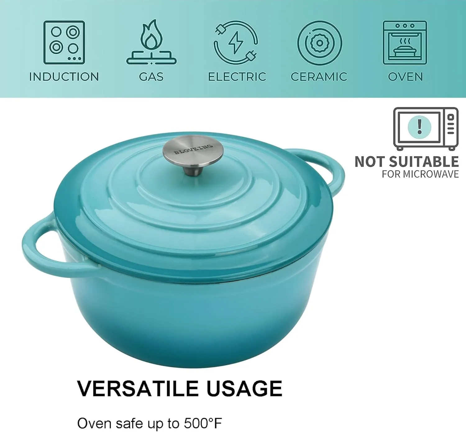 4.5 QT Enameled Cast Iron Dutch Oven with Lid Round Dutch Oven Big Dual Handles Classic Round Pot for Home Baking, Cooking, Aqua
