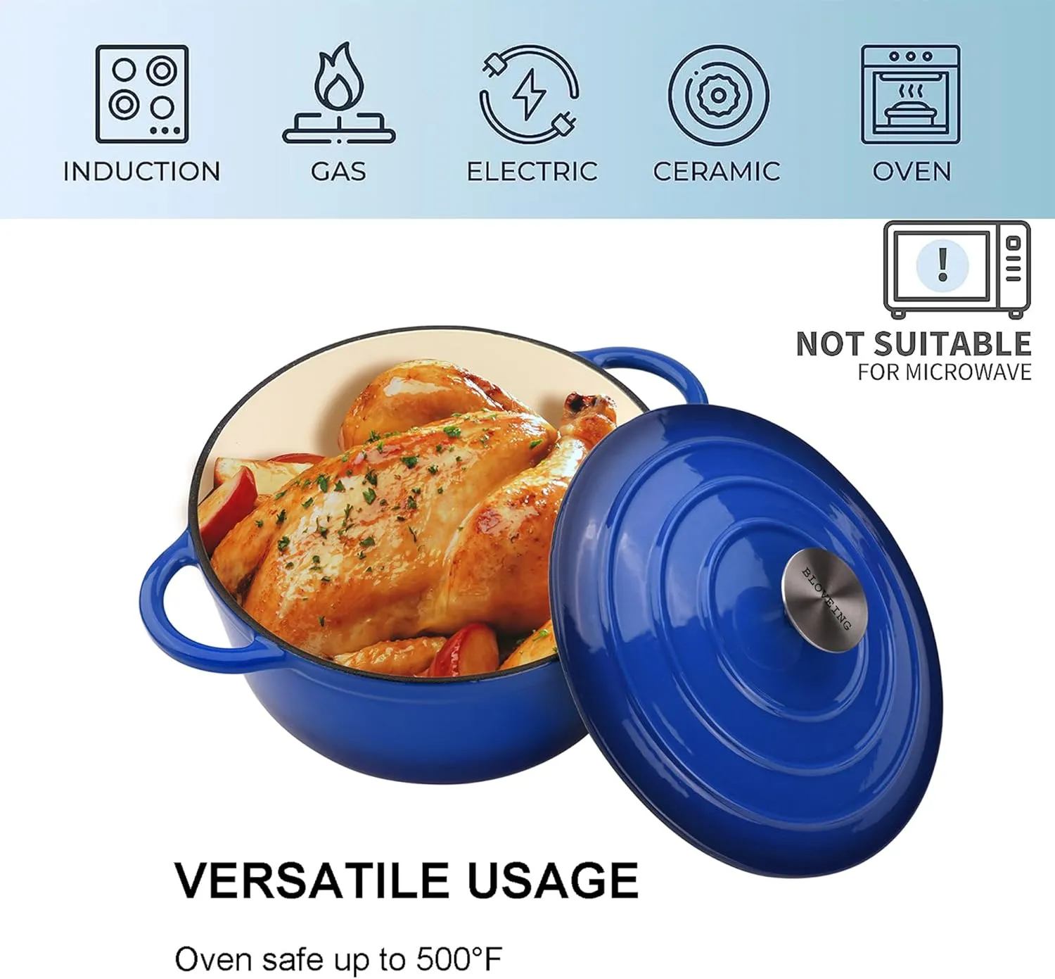 4.5 QT Enameled Cast Iron Dutch Oven with Lid Round Dutch Oven Big Dual Handles Classic Round Pot for Home Baking, Cooking, Blue