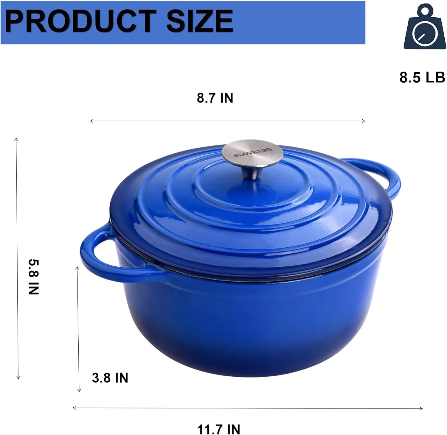 4.5 QT Enameled Cast Iron Dutch Oven with Lid Round Dutch Oven Big Dual Handles Classic Round Pot for Home Baking, Cooking, Blue