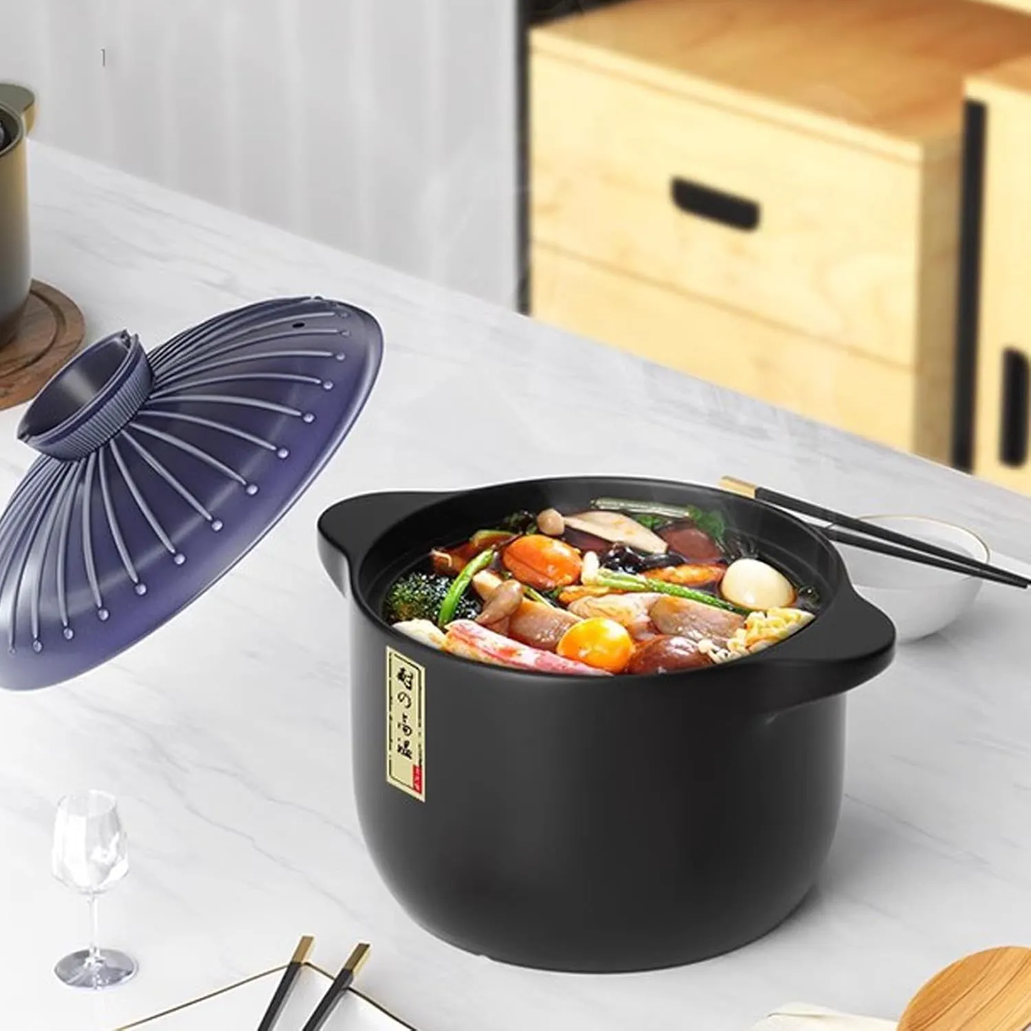 4.6Quart Ceramic Casserole- Heat-Resistant Round Stew Pot, with Lid donabe Clay Pot for Cooking Bibimbap, Soup, Oats, Gruel, Rice, Stew, Casserole - Oven & Stovetop Safe, Durable Ceramic Cookware (Blue4.6Quart)