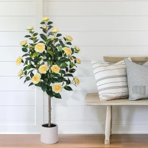 47"Artificial Camellia Tree with White Flower Pots - Yellow Fake Plants,Faux Floral Tree Blooming Flowers in Decorative Pot,Artificial Plants for Home Front Door Decor Indoor & Outdoor
