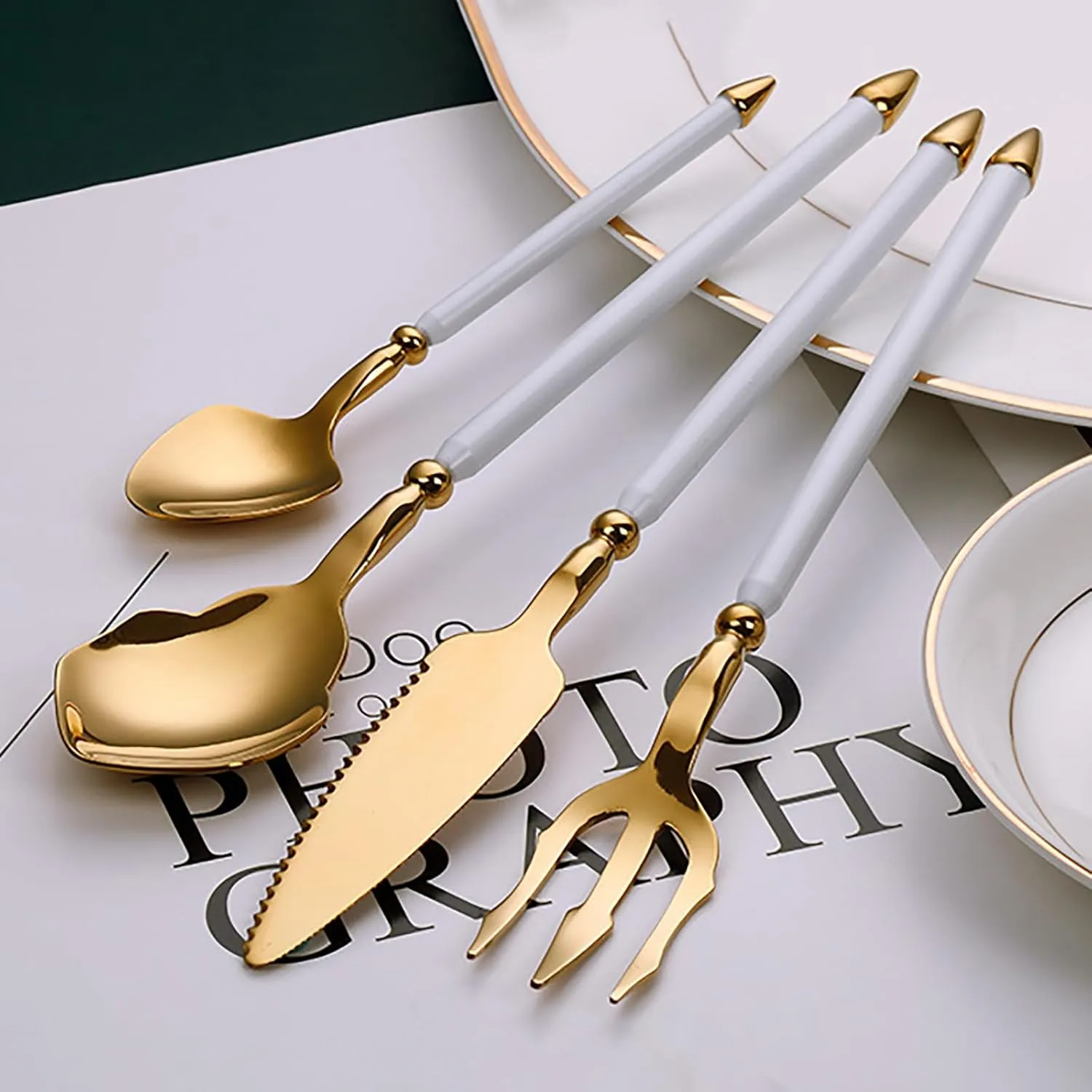 48pcs gold flaware set for 12,stainless steel silverware set,Tableware Sets for 12 Including Forks Spoons Knives, Gold knife and fork long white handle Camping Silverware Travel Utensils Set Cutlery