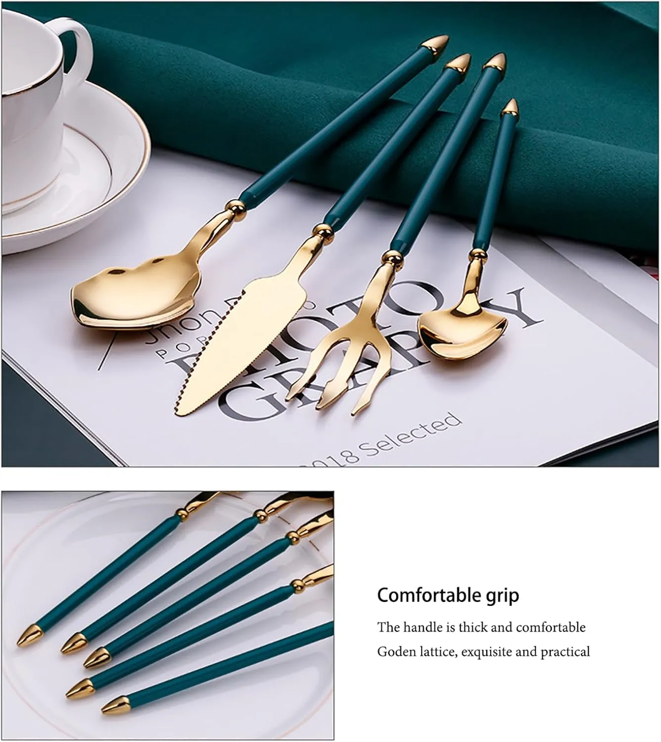 48pcs gold flaware set for 12,stainless steel silverware set,Tableware Sets for 12 Including Forks Spoons Knives, Gold knife and fork long white handle Camping Silverware Travel Utensils Set Cutlery