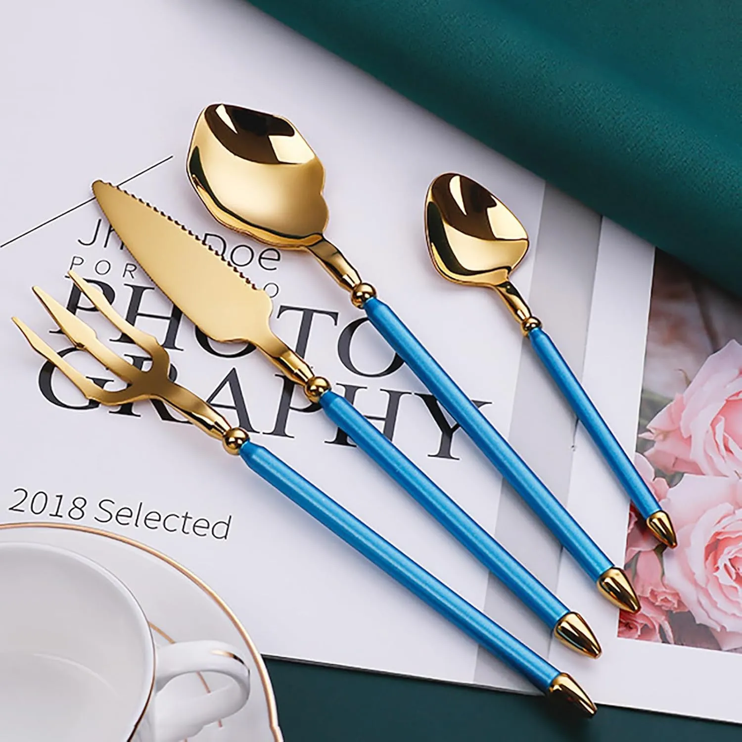 48pcs gold flaware set for 12,stainless steel silverware set,Tableware Sets for 12 Including Forks Spoons Knives, Gold knife and fork long white handle Camping Silverware Travel Utensils Set Cutlery
