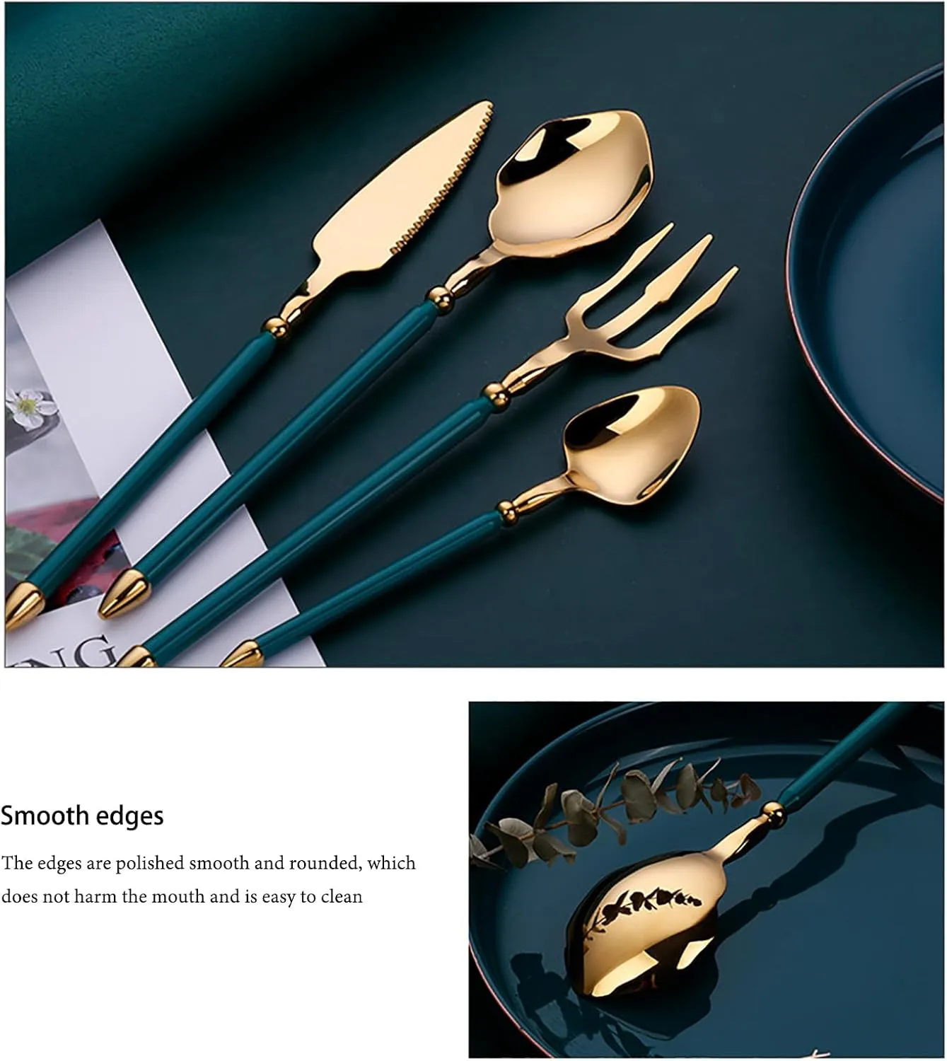 48pcs gold flaware set for 12,stainless steel silverware set,Tableware Sets for 12 Including Forks Spoons Knives, Gold knife and fork long white handle Camping Silverware Travel Utensils Set Cutlery