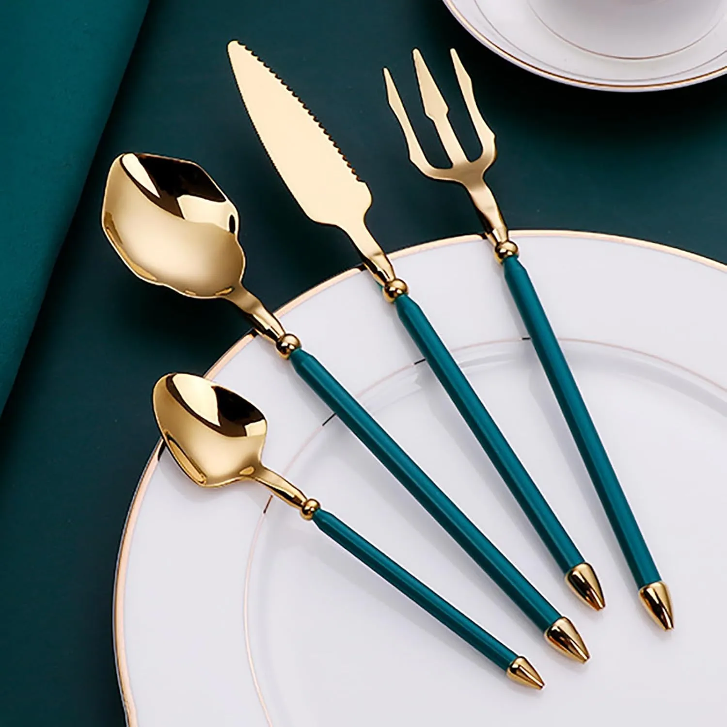 48pcs gold flaware set for 12,stainless steel silverware set,Tableware Sets for 12 Including Forks Spoons Knives, Gold knife and fork long white handle Camping Silverware Travel Utensils Set Cutlery