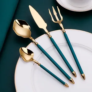 48pcs gold flaware set for 12,stainless steel silverware set,Tableware Sets for 12 Including Forks Spoons Knives, Gold knife and fork long white handle Camping Silverware Travel Utensils Set Cutlery