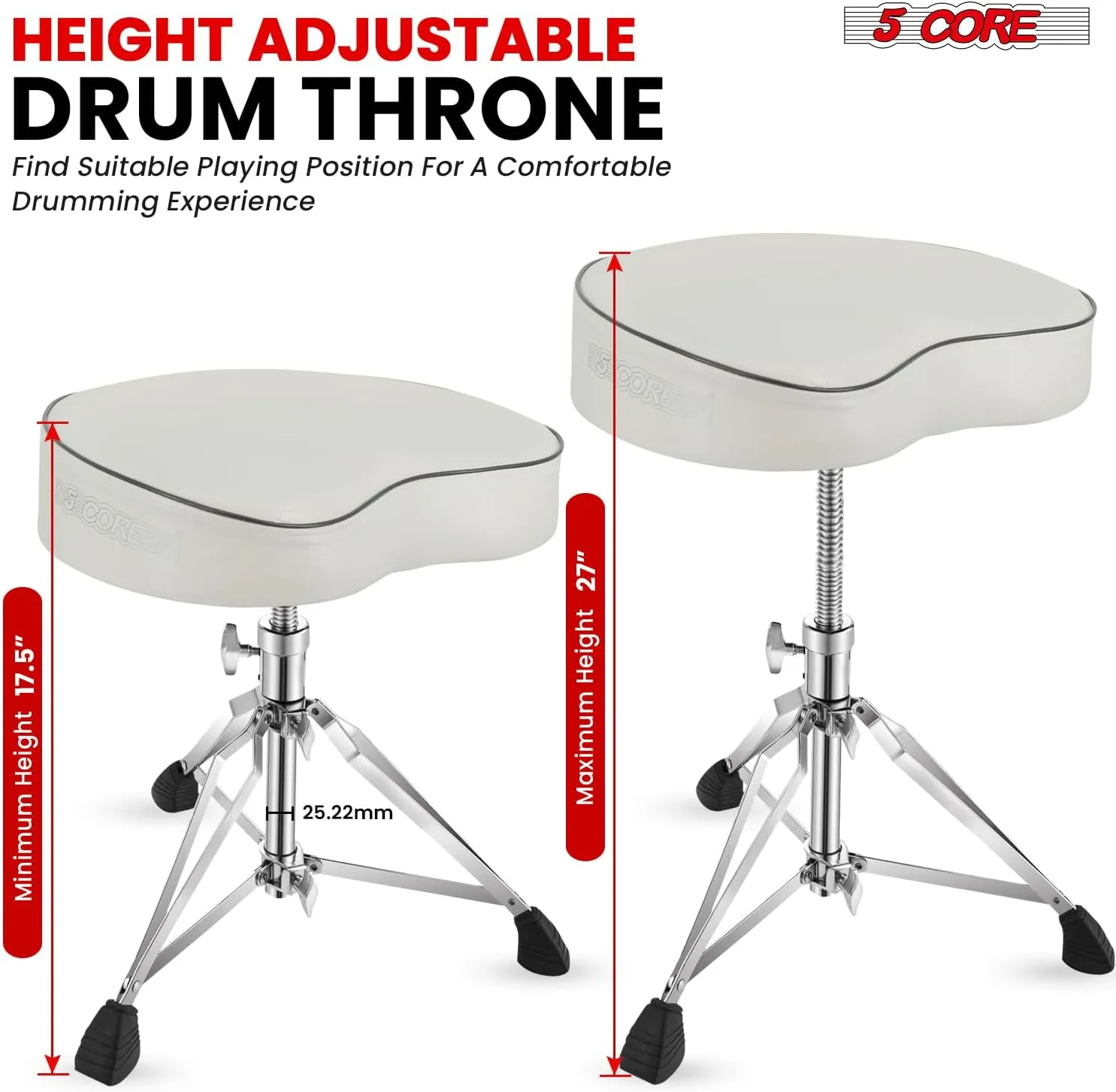 5 CORE Drum Throne 4" Thick Padded Guitar Stool Adjustable Heavy Duty Music Chair Seat Universal for Adults & Kids with Anti Slip Rubber Feet DS CH WH SDL HD
